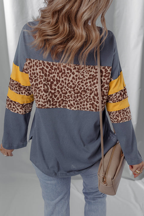Leopard Print Patchwork Drop Shoulder Cotton Top