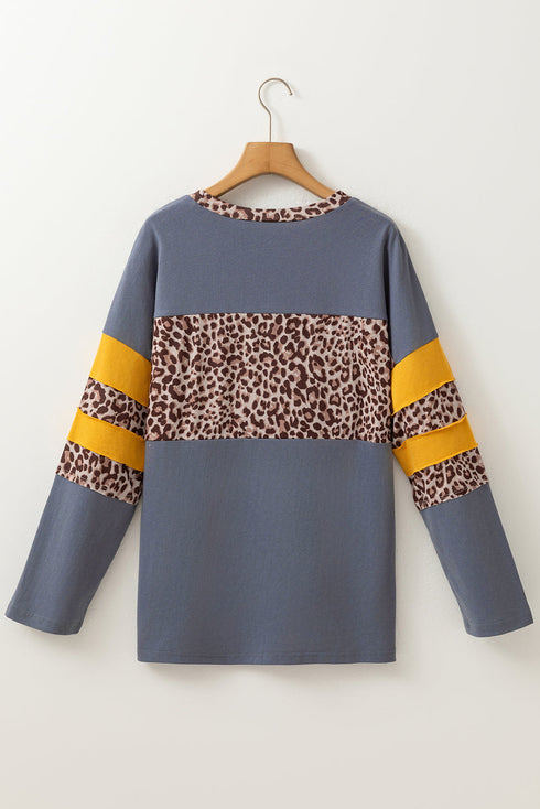 Leopard Print Patchwork Drop Shoulder Cotton Top