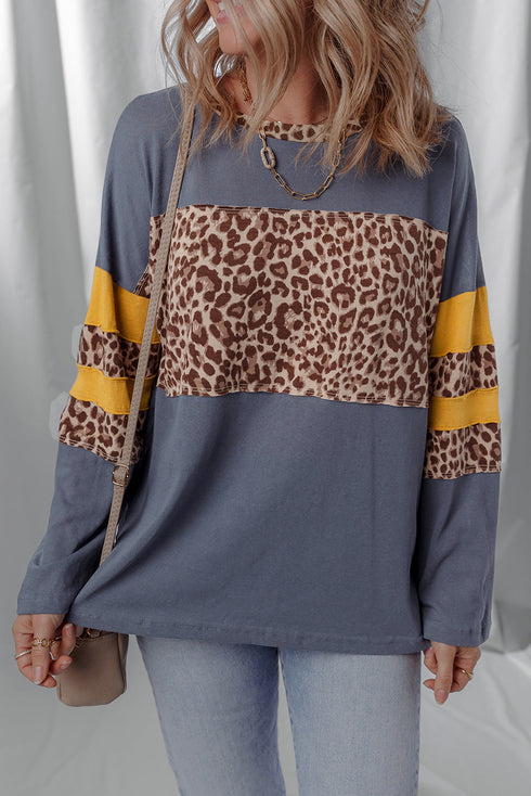 Leopard Print Patchwork Drop Shoulder Cotton Top