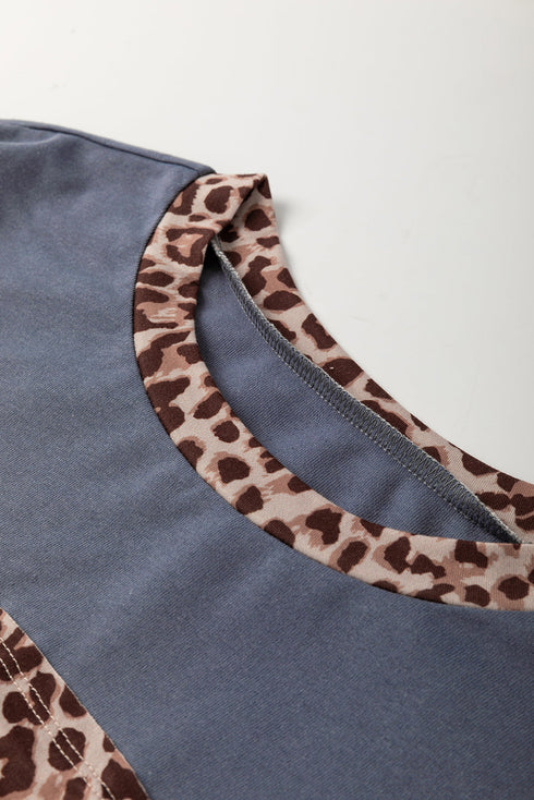 Leopard Print Patchwork Drop Shoulder Cotton Top