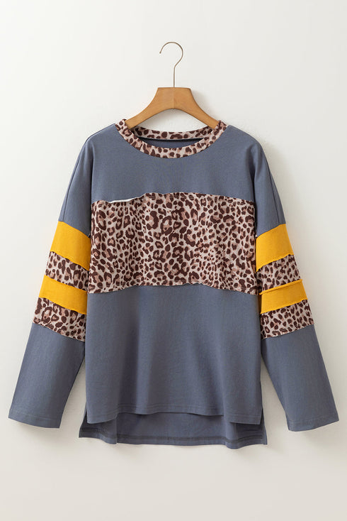 Leopard Print Patchwork Drop Shoulder Cotton Top