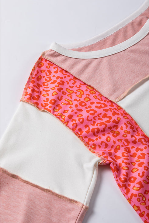 Leopard Print Patchwork Exposed Seam Round Neck Top