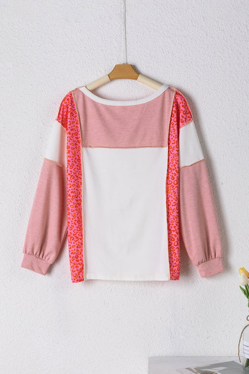 Leopard Print Patchwork Exposed Seam Round Neck Top
