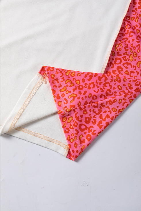 Leopard Print Patchwork Exposed Seam Round Neck Top