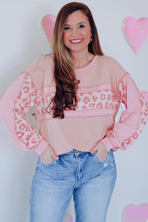 Leopard Print Patchwork Exposed Seam Waffle Knit Top