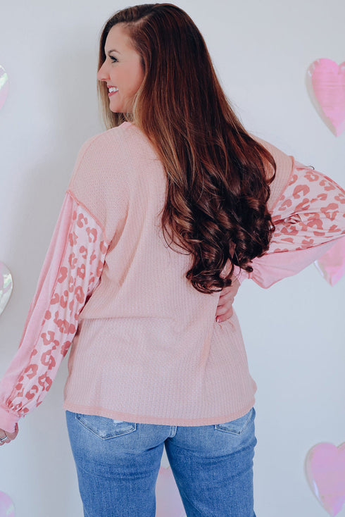 Leopard Print Patchwork Exposed Seam Waffle Knit Top
