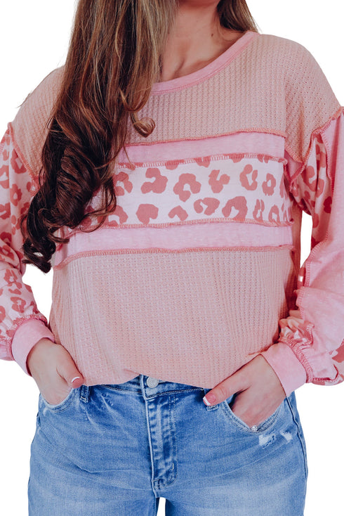 Leopard Print Patchwork Exposed Seam Waffle Knit Top