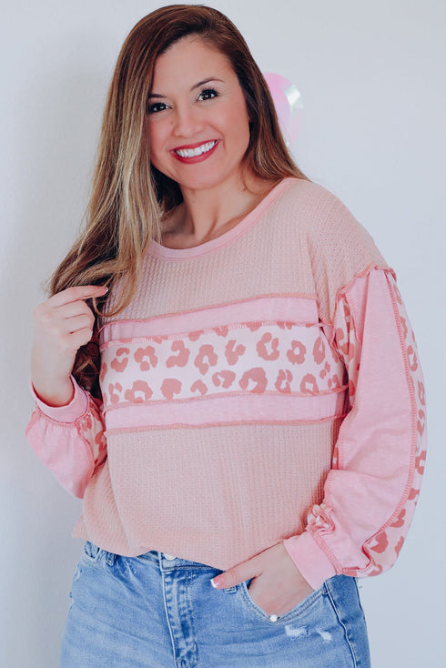 Leopard Print Patchwork Exposed Seam Waffle Knit Top