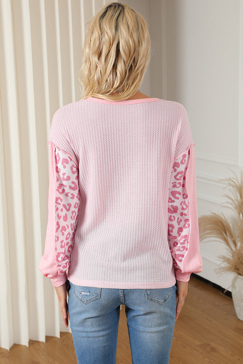 Leopard Print Patchwork Exposed Seam Waffle Knit Top