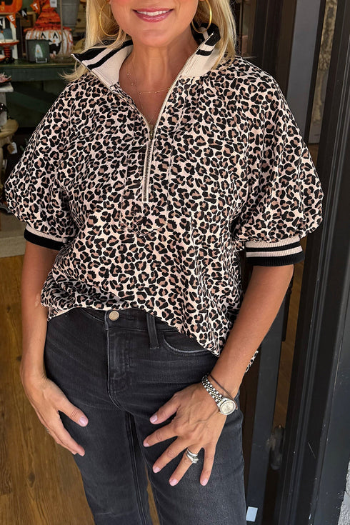 Leopard Print Patchwork Half Zip Short Sleeve Shirt