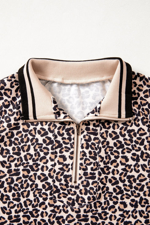Leopard Print Patchwork Half Zip Short Sleeve Shirt
