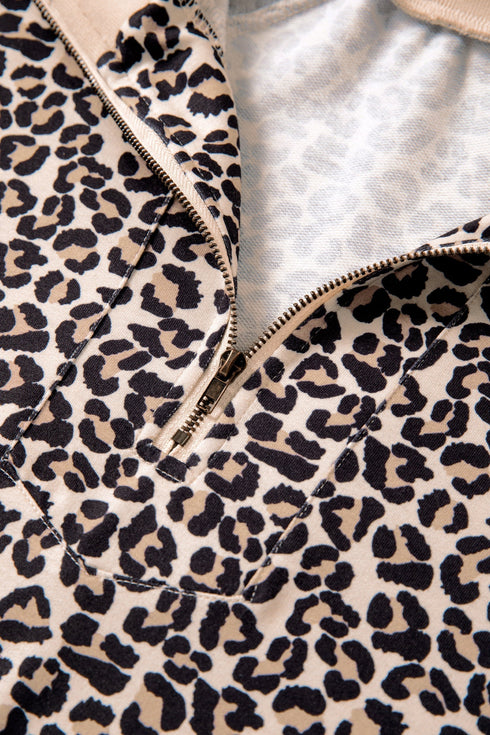 Leopard Print Patchwork Half Zip Short Sleeve Shirt