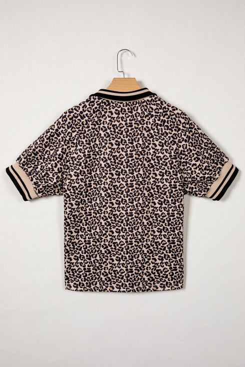 Leopard Print Patchwork Half Zip Short Sleeve Shirt