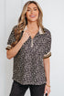 Leopard Print Patchwork Half Zip Short Sleeve Shirt