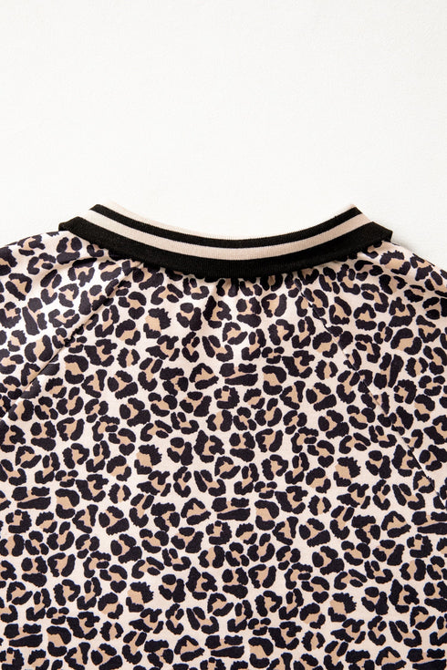 Leopard Print Patchwork Half Zip Short Sleeve Shirt