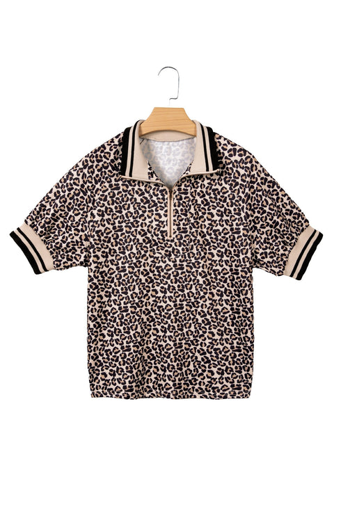 Leopard Print Patchwork Half Zip Short Sleeve Shirt