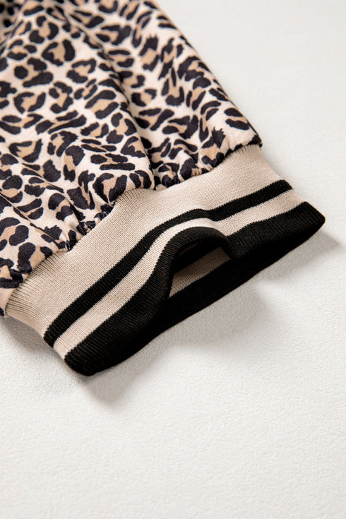 Leopard Print Patchwork Half Zip Short Sleeve Shirt
