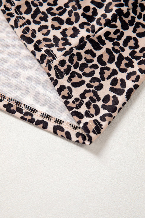 Leopard Print Patchwork Half Zip Short Sleeve Shirt
