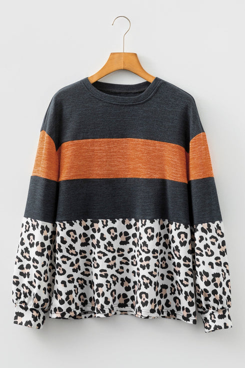 Leopard Print Patchwork Long Sleeve Relaxed Knit Top