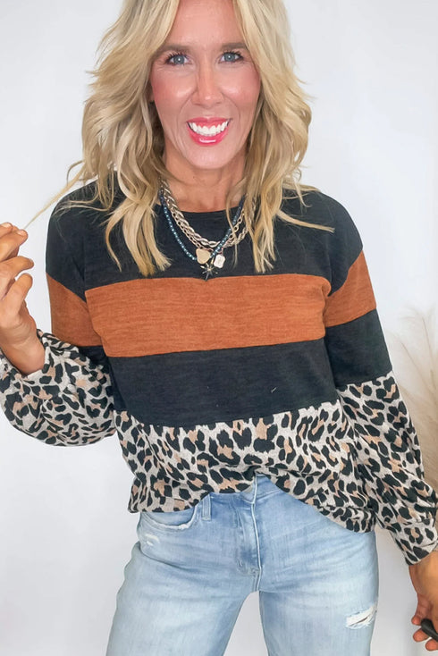Leopard Print Patchwork Long Sleeve Relaxed Knit Top