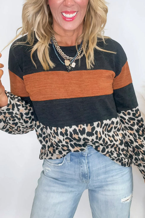 Leopard Print Patchwork Long Sleeve Relaxed Knit Top
