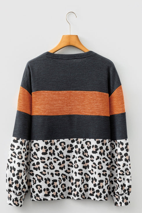Leopard Print Patchwork Long Sleeve Relaxed Knit Top