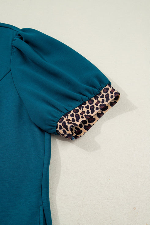 Leopard Print Patchwork Quarter Zip Collared Plus Size Mini Dress