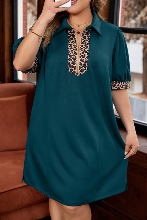 Leopard Print Patchwork Quarter Zip Collared Plus Size Mini Dress