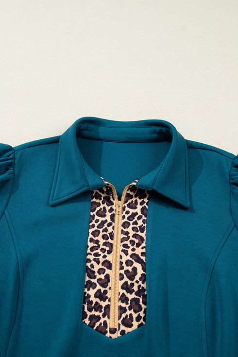 Leopard Print Patchwork Quarter Zip Collared Plus Size Mini Dress