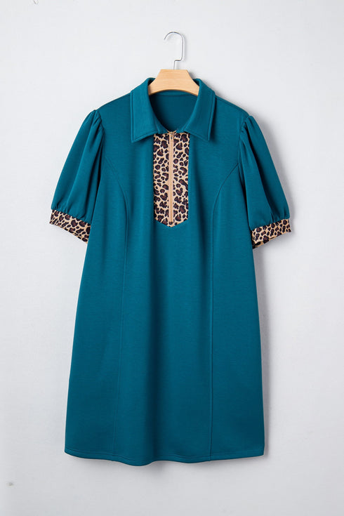 Leopard Print Patchwork Quarter Zip Collared Plus Size Mini Dress