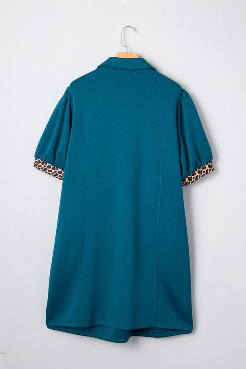 Leopard Print Patchwork Quarter Zip Collared Plus Size Mini Dress