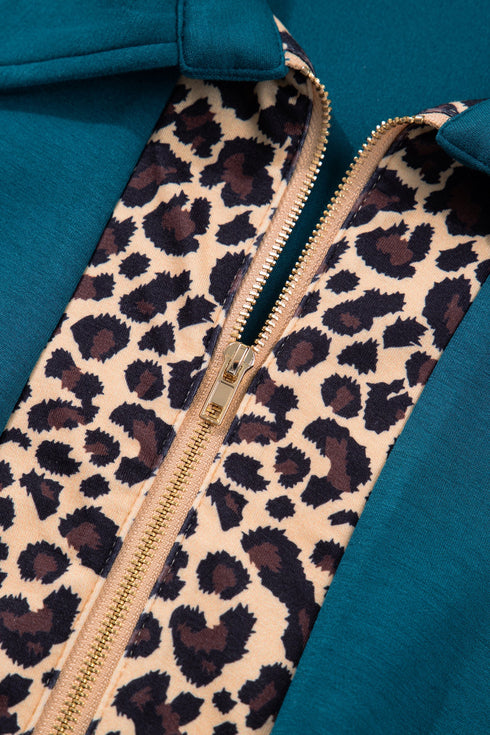 Leopard Print Patchwork Quarter Zip Collared Plus Size Mini Dress