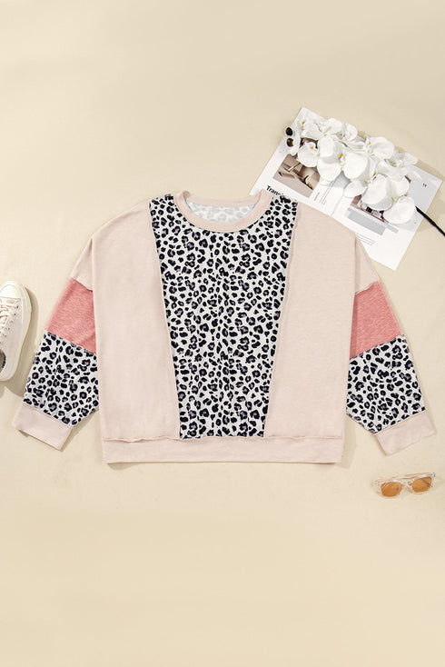 Leopard Print Patchwork Reverse Stitch Baggy Long Sleeve Top