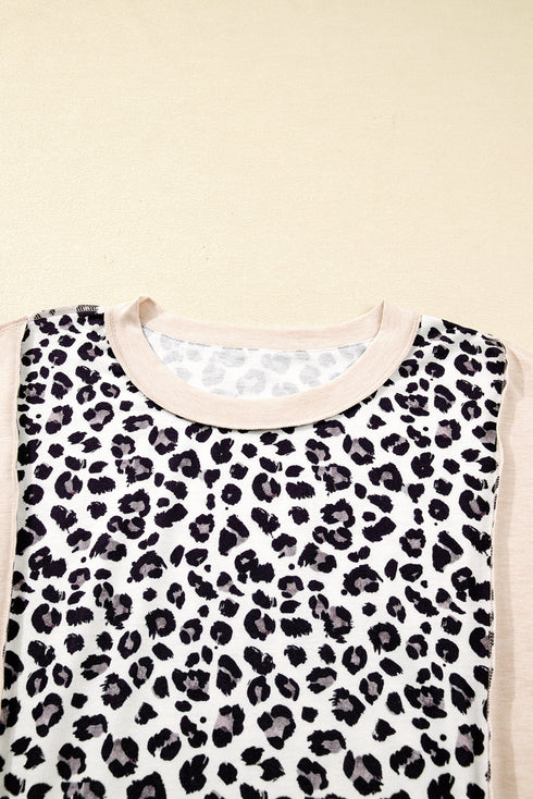 Leopard Print Patchwork Reverse Stitch Baggy Long Sleeve Top