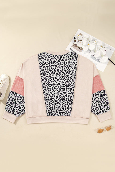 Leopard Print Patchwork Reverse Stitch Baggy Long Sleeve Top