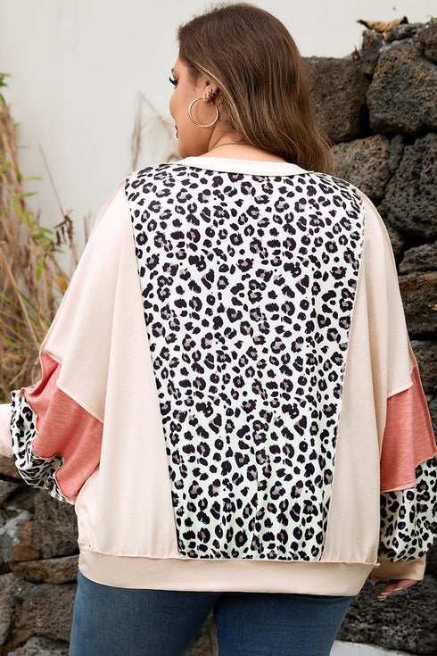 Leopard Print Patchwork Reverse Stitch Baggy Long Sleeve Top