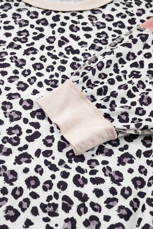 Leopard Print Patchwork Reverse Stitch Baggy Long Sleeve Top