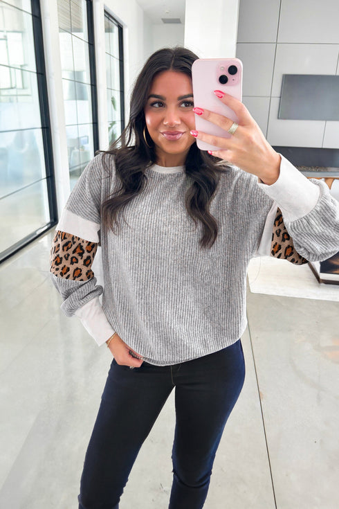 Leopard Print Patchwork Ribbed Knit Long Sleeve Top