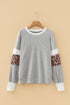 Leopard Print Patchwork Ribbed Knit Long Sleeve Top
