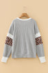 Leopard Print Patchwork Ribbed Knit Long Sleeve Top
