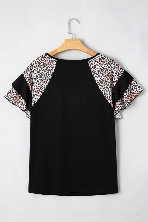 Leopard Print Patchwork Ruffle Sleeve Top