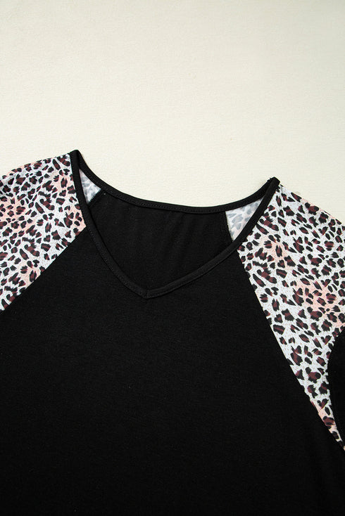 Leopard Print Patchwork Ruffle Sleeve Top