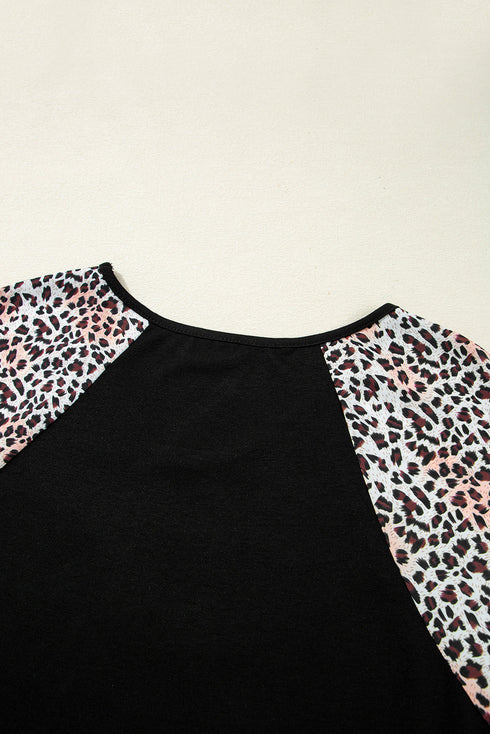 Leopard Print Patchwork Ruffle Sleeve Top