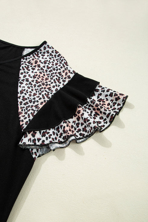 Leopard Print Patchwork Ruffle Sleeve Top