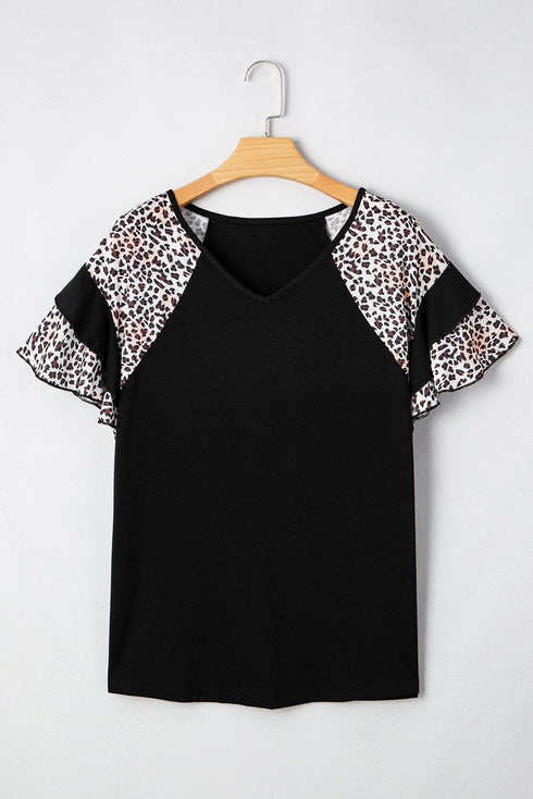 Leopard Print Patchwork Ruffle Sleeve Top
