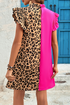 Leopard Print Patchwork Ruffled Sleeve Shift Mini Dress
