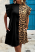 Leopard Print Patchwork Ruffled Sleeve Shift Mini Dress
