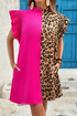 Leopard Print Patchwork Ruffled Sleeve Shift Mini Dress