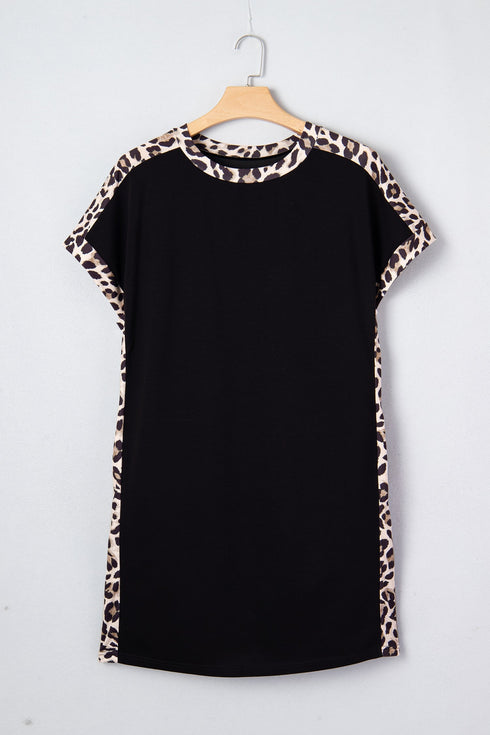Leopard Print Patchwork Shift T Shirt Mini Dress