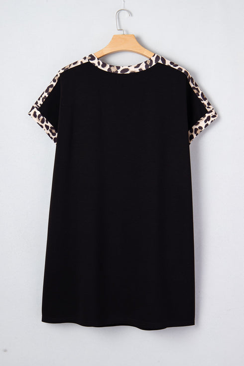 Leopard Print Patchwork Shift T Shirt Mini Dress
